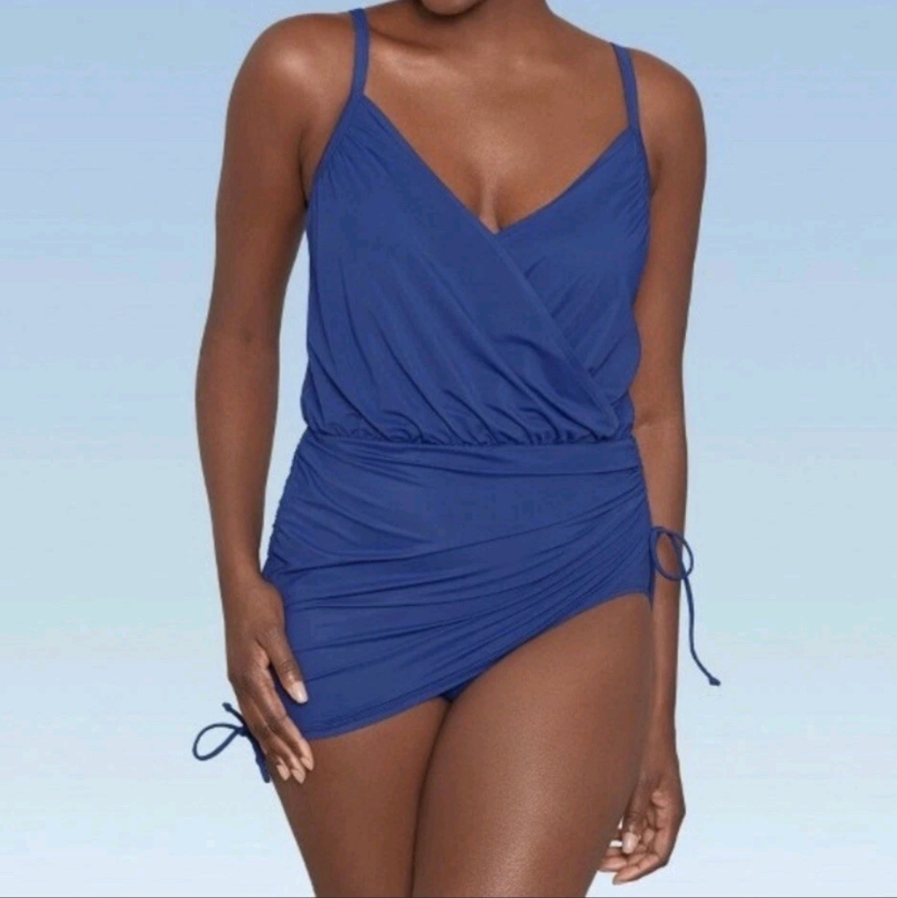 Dreamsuit By Miraclesuit Blue Ruched One Piece Swimsuit Swim Dress‎